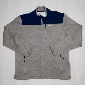 Orvis Men's Lg Ful Zip Jacket Softshell Top Blue Knit Bottom Grey Stains On Back